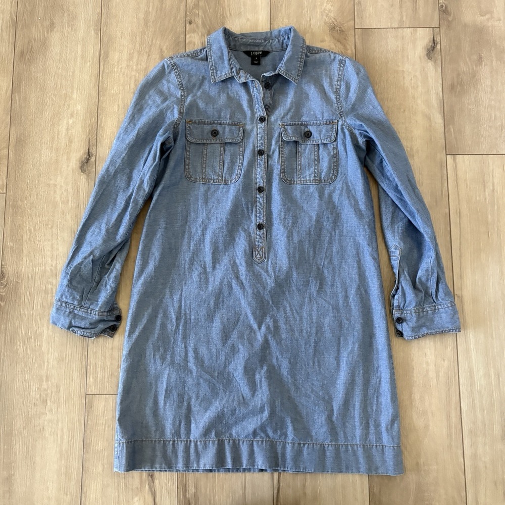 J Crew‎ Women's Shirt Dress Size S Blue Cotton Chambray Long Sleeves Pockets